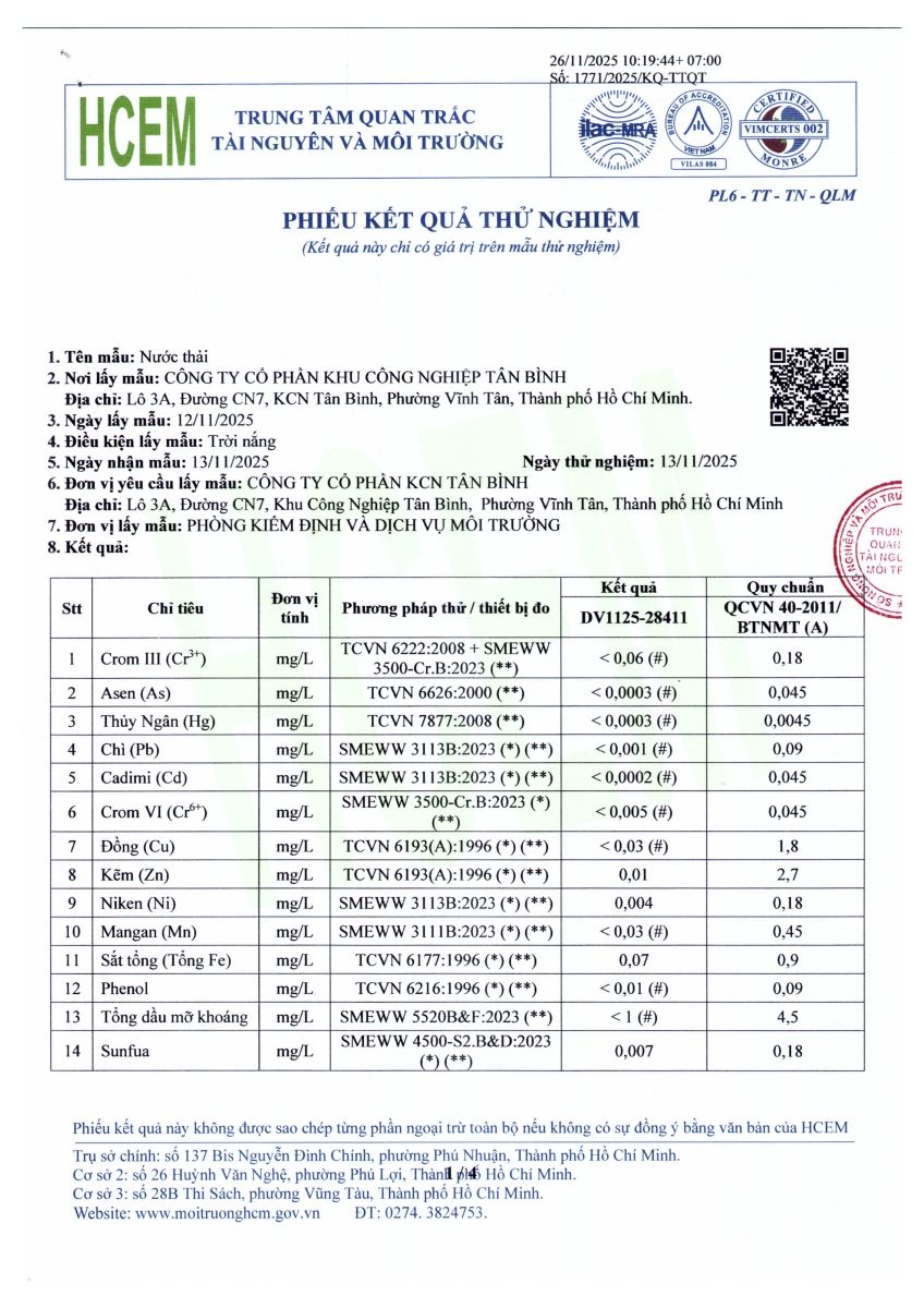 Phiếu kết quả thử nghiệm nước thải VRG Tân Bình